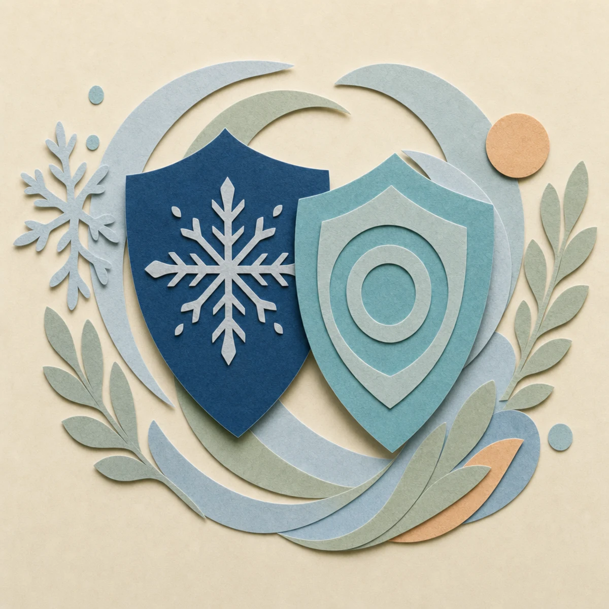 Layered paper shields with a snowflake motif representing seasonal flu and COVID protection